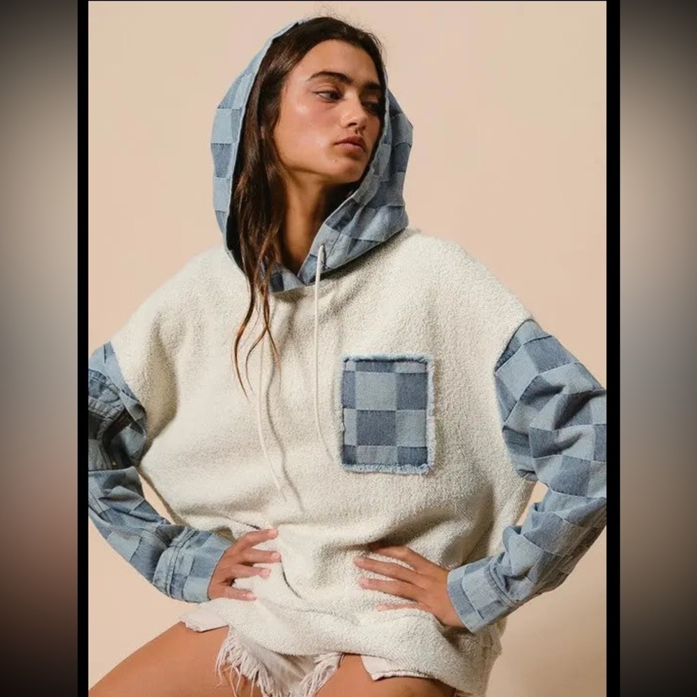 HEAVY LOOP TERRY WITH WASHED CHECKER DENIM HOODED PULLOVER - Picture 2 of 3